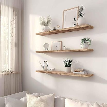 YYWUOJJ Wood Floating Shelves for Wall, Rustic Wall Shelves for Bedroom, Wall Mounted Floating Shelf, Set of 4 Light Walnut 36 Inch