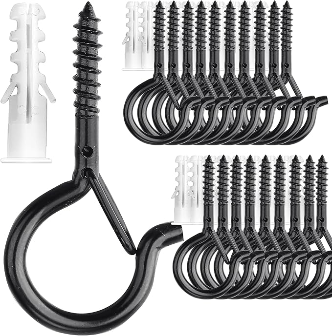 PlusRoc 20 Pack Screw Hooks for Hanging Christmas Lights Outdoor Seasonal Lighting, Heavy Duty 2.2 Inch Eye Hook Screw Cup Ceiling Hook Q-Hanger for Patio Lights, Wall Wood Ceiling Deck Mount(Black)