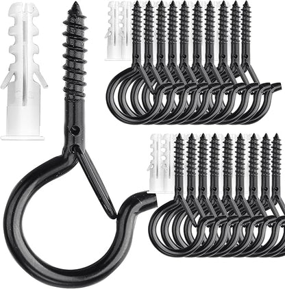 PlusRoc 20 Pack Screw Hooks for Hanging Christmas Lights Outdoor Seasonal Lighting, Heavy Duty 2.2 Inch Eye Hook Screw Cup Ceiling Hook Q-Hanger for Patio Lights, Wall Wood Ceiling Deck Mount(Black)