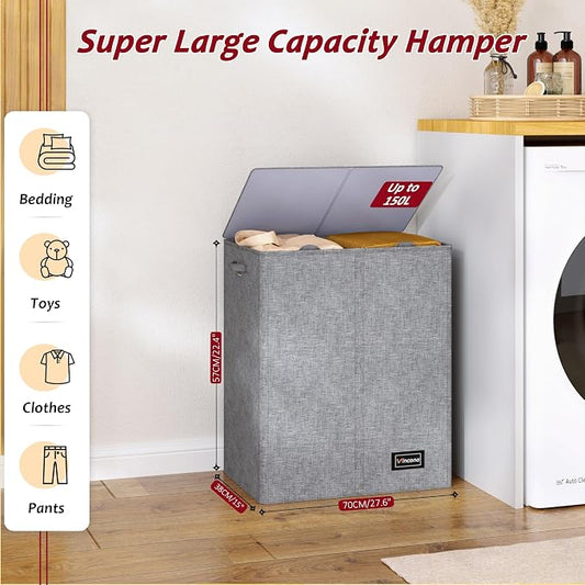 150L Laundry Hamper 2 Section, Large Laundry Hamper with Lid, Dirty Clothes Hamper with 2 Removable Inner Bags, Collapsible Laundry Basket Organizer for for Clothes Toys Towels, Hamper 2 Compartment