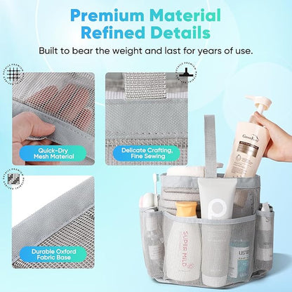EUDELE Mesh Shower Caddy Portable for College Dorm Room Essentials, 8-Pocket Large Capacity Shower Bag for Beach, Swimming, Gym Pack