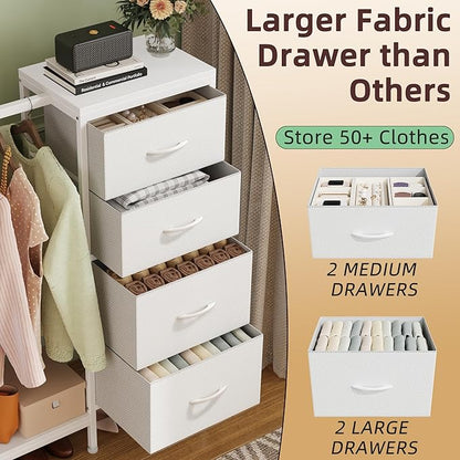 Dresser with Hanging Rack, 4 Drawers Small Closet for Bedroom, Reversible Fabric Kids Chest of Drawers with Clothes Rack, Tall Storage Tower, Sturdy Frame, White, 44''H