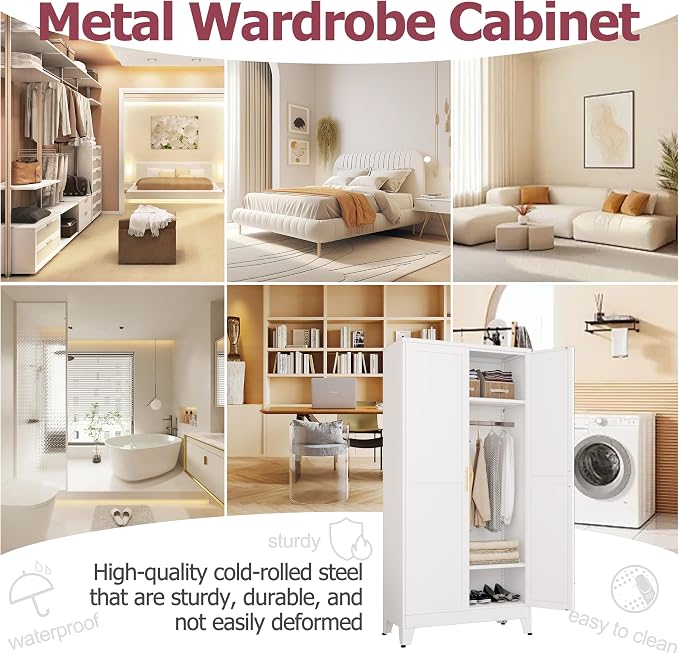 GAIOUS Metal Wardrobe Cabinet with Hanging Rod, Clothing Storage Cabinets | with 2 Doors and Adjustable Shelves, 71" Metal White Armoire Wardrobe Closet for Bedroom, Laundry Room, Cloak Room