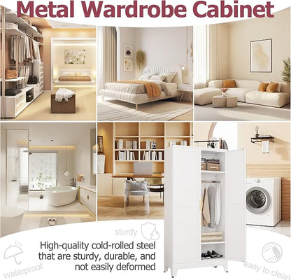 GAIOUS Metal Wardrobe Cabinet with Hanging Rod, Clothing Storage Cabinets | with 2 Doors and Adjustable Shelves, 71" Metal White Armoire Wardrobe Closet for Bedroom, Laundry Room, Cloak Room