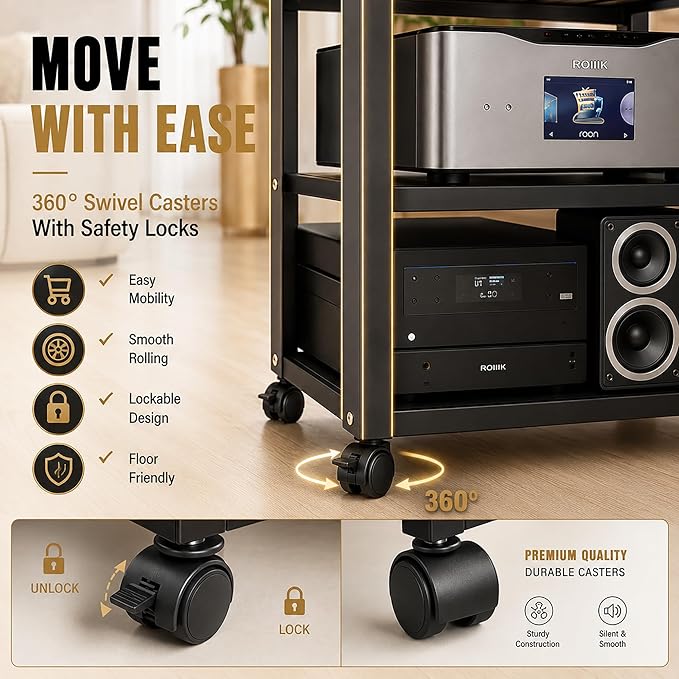 5-Tier Av Media Stand with Wheels, Audio Tower Rack with Adjustable Shelves, Stereo Racks and Stands with Storage Shelves, Media Console for Home, Office, Theater, Black