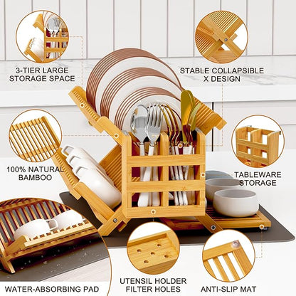 Greenual Bamboo Dish Drying Rack with Utensil Holder, 3 Tier Collapsible Dish Rack, Wooden Dish Racks for Kitchen Counter, Large Folding Drying Holder with Absorbent Dish Drying Mat