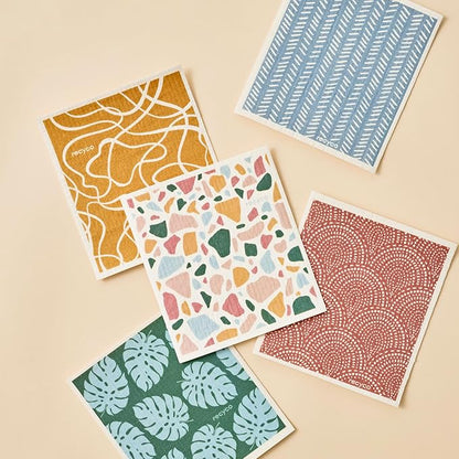 RECYCO Swedish Dishcloths for Kitchen | 5 Pack Urban Boho Terrazzo Washable Dish Rags | Cellulose Reusable Cleaning Paper Towels | Absorbent Counter Dish Cloth Sponge Kitchen Wipes, 8" L x 7" W