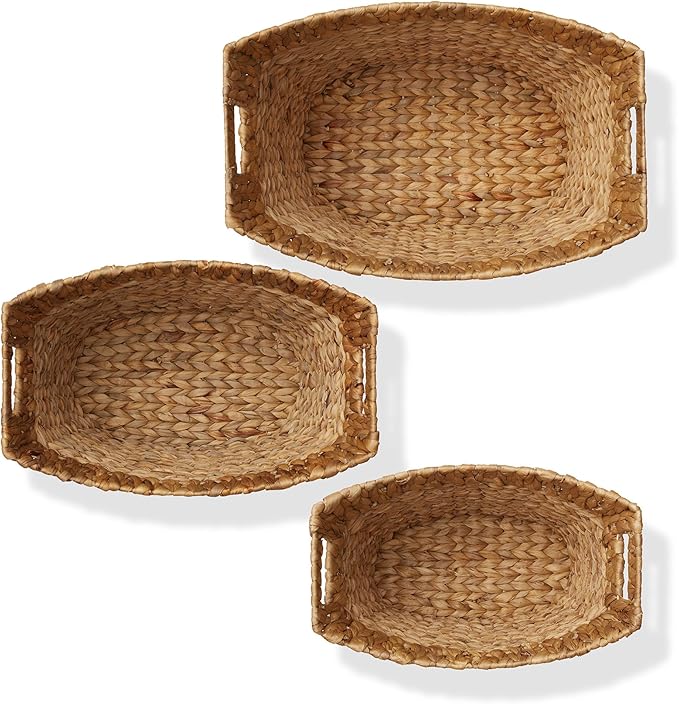Casafield Set of 3 Stackable Oval Laundry Baskets with Handles - Natural, Woven Water Hyacinth Storage Totes for Throw Blankets, Bathroom, Bedroom, Living Room