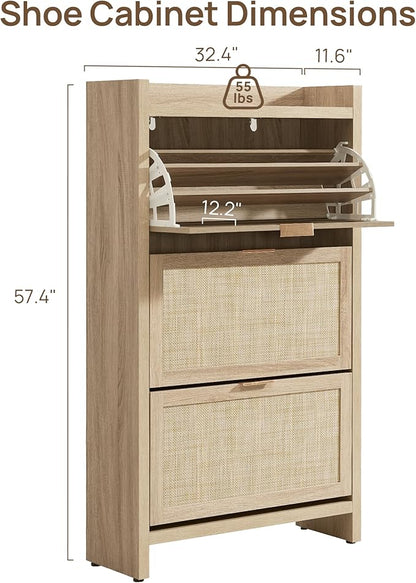 SICOTAS Rattan Shoe Storage Cabinet with 6 Flip Drawers, Freestanding Shoe Cabinet Storage for Entryway, Holds 50 Shoes, 57.4" Tall Farmhouse Shoe Organizer Rack for Foyer, Hallway, Light Oak, 2PCS