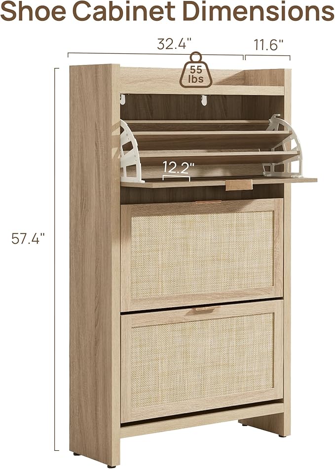 SICOTAS Rattan Shoe Storage Cabinet with 3 Flip Drawers, 30 Pairs Freestanding Shoe Cabinet Storage for Entryway, 57.4" Tall Farmhouse Narrow Shoe Organizer Rack Cabinet for Foyer, Hallway, Light Oak