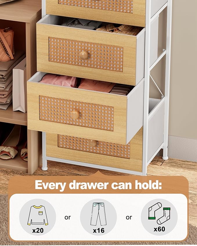 Crestlive Products Rattan Dresser, Tall Fabric Storage Tower, Chests of Drawers with Handles - Organizer Unit for Bedroom, Hallway, Entryway, Closets - 5 Drawers (Natural Drawers, White Top & Frame)