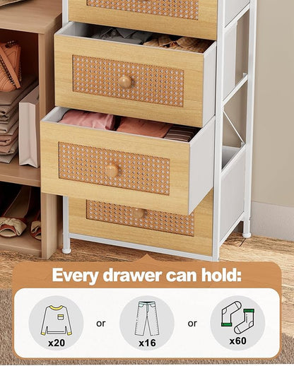 Crestlive Products Rattan Dresser, Tall Fabric Storage Tower, Chests of Drawers with Handles - Organizer Unit for Bedroom, Hallway, Entryway, Closets - 5 Drawers (Natural Drawers, White Top & Frame)