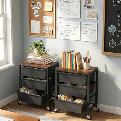 Rolling Cart with 3 Drawers, Plastic Drawer Storage Carts with Lockable Wheels & Wooden Tabletop, Metal Art Craft Utility Cart Organizer for Home Office Bedroom Dorm Bedside Classroom, Dark Black