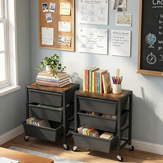 Rolling Cart with 3 Drawers, Plastic Drawer Storage Carts with Lockable Wheels & Wooden Tabletop, Metal Art Craft Utility Cart Organizer for Home Office Bedroom Dorm Bedside Classroom, Dark Black