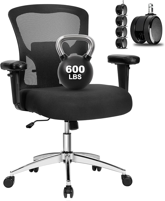 Bigroof Big and Tall Office Chair 600lbs, Heavy Duty Ergonomic Mesh Chair, Computer Executive Desk Chair with Wide Thick Seat, Adjustable Armrests, Lumbar Support