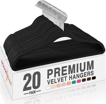 HOUSE DAY Premium Velvet Hangers, Non-Slip Thin Flocked Felt Hangers, Sturdy Clothes Hangers Heavy Duty Coat Hangers & Suit Hangers, Durable Suit Hangers for Closet Space Saving (20 Pack, Black)