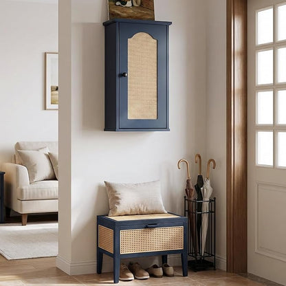 Over The Toilet Storage Cabinet, Above Toilet Organizer with Rattan Door, Modern Blue Finish, 13x25 inch Space Saving Bathroom Medicine Cabinet