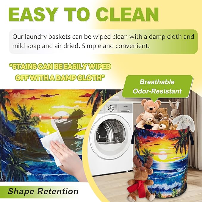 Ocean Waves Laundry Basket Funny Hawaii Sunset Foldable Waterproof Oxford Cloth Tote Bag Laundry Hamper Large Clothes Storage Bucket Toy Organizer For Bathroom/Laundry Storage/Bedroom 18.9x16.5 Inch
