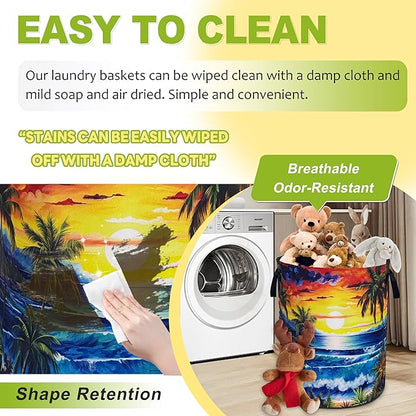 Ocean Waves Laundry Basket Funny Hawaii Sunset Foldable Waterproof Oxford Cloth Tote Bag Laundry Hamper Large Clothes Storage Bucket Toy Organizer For Bathroom/Laundry Storage/Bedroom 18.9x16.5 Inch