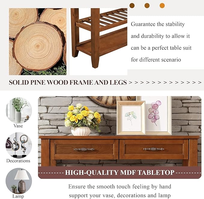 LKTART Solid Wood Console Table Entryway Table with Storage Drawers and Shelves Sofa Tables (42" Brown)