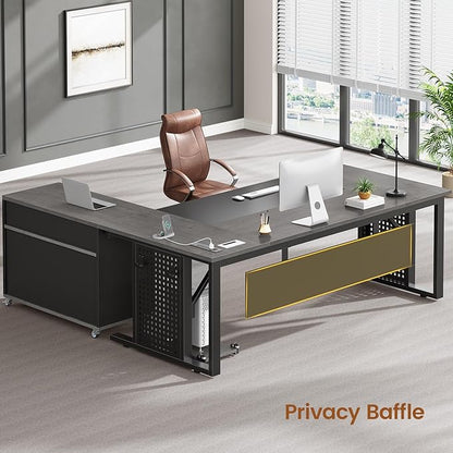 SEDETA 71" Executive Desk with Rolling File Cabinet, Large Office Desk with Drawers, L Shaped Computer Desk with Power Outlets, CPU Stand, Pegboard and Storage Shelves, Gray