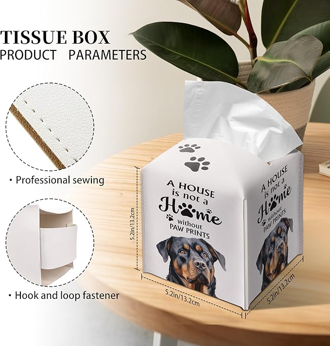 Grace Yonks Cute Rottweiler Tissue Box Cover Square, Rottweiler Dog Cube Case for Facial Tissues, 5.2" PU Leather(038)