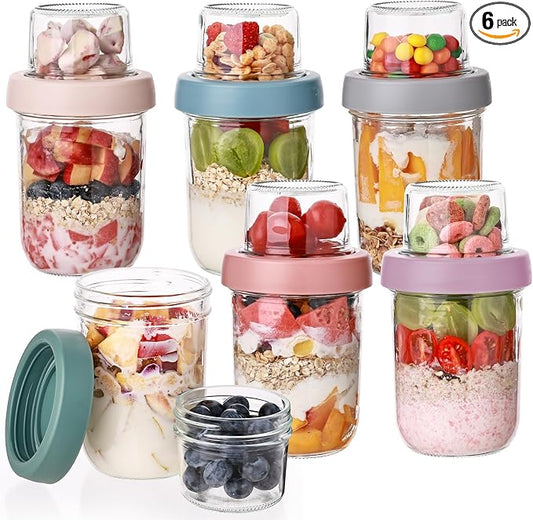 Wells 6 Pack Overnight Oats Containers with Lids, 16 OZ Dual Layer Yogurt Containers with Dry and Wet Separation, Airtight Leak Proof Oatmeal Jar for Chia Pudding, Breakfast, Cereal