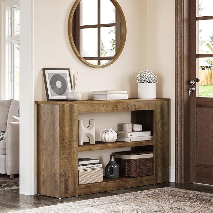 LITTLE TREE 55-Inch Console Table, 3-Tier Narrow Sofa Table for Entryway, Behind Couch, Farmhouse Entryway Table for Living Room, Hallway Table, Brown