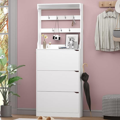 BORNOON Shoe Cabinet with 3 Flip Drawers & Coat Rack, Narrow Hidden Shoe Storage Cabinet, 2-in-1 Hall Tree Slim Freestanding Shoe Rack Organizer for Entryway, Hallway, and Living Room