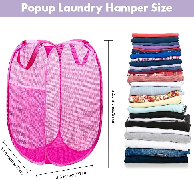 DUCOO Pop Up Laundry Hamper, 70L Collapsible Mesh Laundry Basket with Side Pocket, Foldable Dirty Clothes Hamper with Sturdy Reinforced Handles for Home Dorm Bedroom Travel Bathroom Storage, Pink