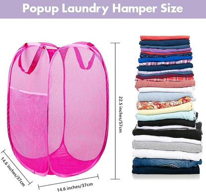 DUCOO Pop Up Laundry Hamper, 70L Collapsible Mesh Laundry Basket with Side Pocket, Foldable Dirty Clothes Hamper with Sturdy Reinforced Handles for Home Dorm Bedroom Travel Bathroom Storage, Pink
