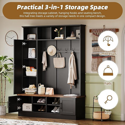 Merax Farmhouse Wood Hall Tree with Shoe Bench and 2 Drawers, 4-in-1 Coat Rack with 6 Hooks for Entrance, Hallway, Mudroom Black