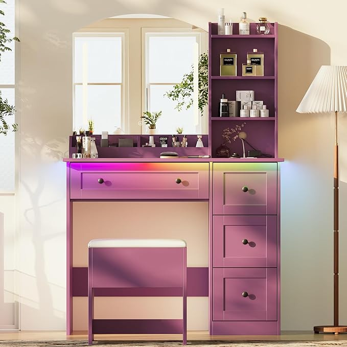 Vanity Desk with Mirror and Lights & Power Outlet, Makeup Vanity Set with Chair & RGB Ambient Light, Girls Vanity Dressing Table with 3 Lighting Modes & Adjustable Brightness for Bedroom, Purple