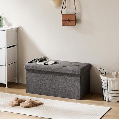 Sweetcrispy 30 Inch Folding Storage Ottoman Bench, Large Hidden Storage Chest with Padded Seat, Foot Rest Stool Supports Up to 660Lbs, End of Bed Bench for Bedroom, Living Room, Linen Fabric, Grey