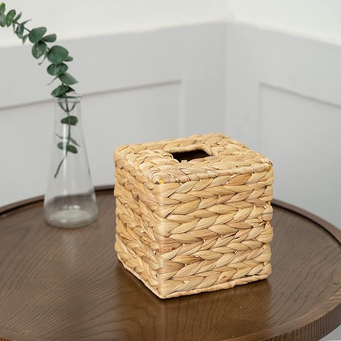 KOLWOVEN Square Tissue Box Cover- 5.7" x 5.7" x 5"- Decorative Woven Facial Tissue Holder with Hinged Top Lid- Facial Box for Home, Office,Bathrooms, Decoration (Square- Set 2)