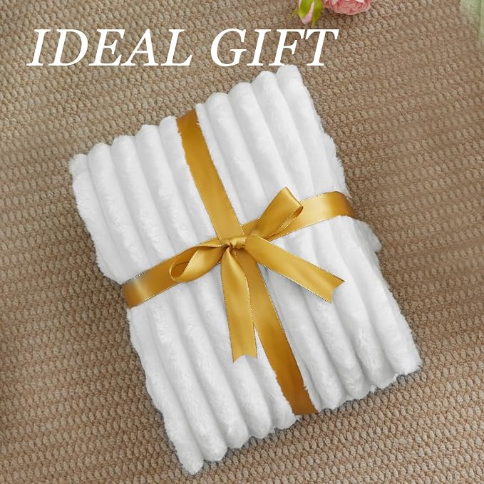 BEDELITE Fleece Throw Blanket for Couch - 300GSM Soft & Warm Fluffy White Blanket, Decorative and Giftable Striped Blankets for Women, Men, 50"x60"