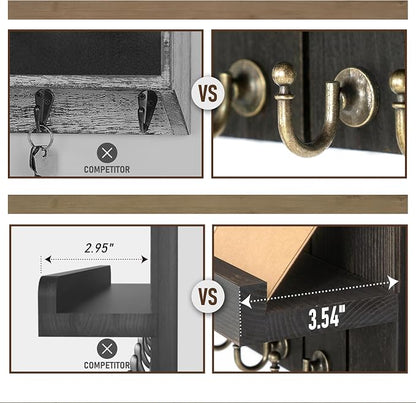 Rebee Vision Pine Wood Key Holder Wall Mount with Floating Shelf – Farmhouse Key Holder for Wall to Maximize Storage Solutions – Mail Organizer for Office Decor (3.54" x 10" x 7.28", Distressed Black)