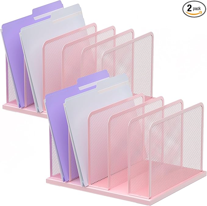 Kuntine.B Desk File Organizer Upright Mesh Desktop Organizer File Sorter Office Organization File Holder for Home, Office & Classroom (Pink, 2 Pack 5-Section)