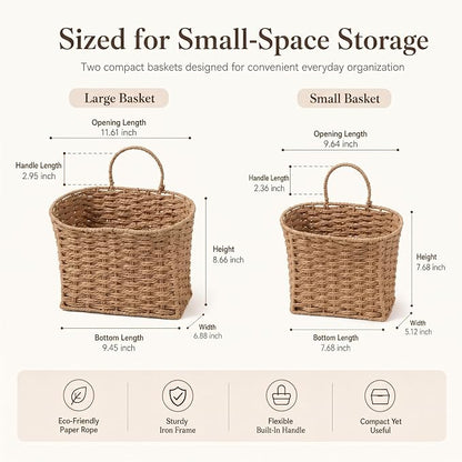 Coeusy Set of 2 Hanging Basket, Paper Rope Wall Basket for Flowers,Mail,Planters, Large Door Basket for Organizing,Storage,Home Decor,Natural