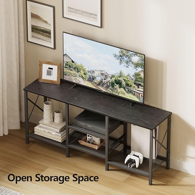 JARHETUN TV Stand for 55 Inch TV, Entertainment Center with 3-Tier Open Shelves, TV Console Table for Living Room, Bedroom, Black