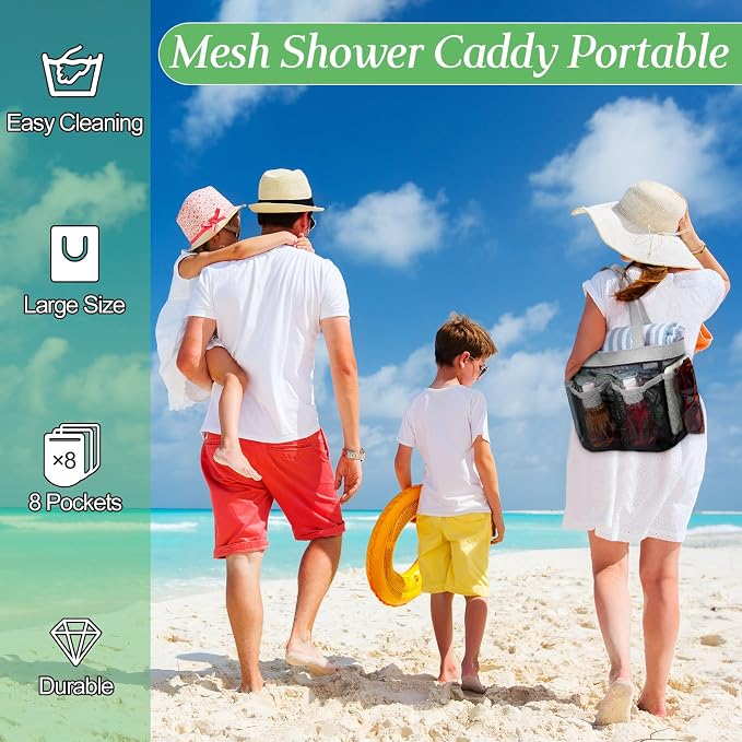 Hillban 4 Pcs Mesh Shower Caddy Portable Shower Caddy for Dorm Beach Mesh Bags with Deeper 8 Pockets and Handles Showers Caddies Basket for Women College Room Vacation(Gray)
