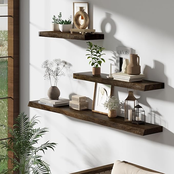 Dreamland 24 Inch Floating Shelves, Rustic Elm Wood Live Edge Wall Shelf for Home Decor, 8 Inch Deep Floating Shelf for Wall, 24 x 8 Bathroom Shelves Set of 2, Walnut Color