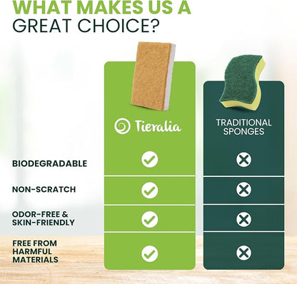 Tieralia Natural Dish Sponge Set – 12-Pack Eco-Friendly & Compostable Scrubbers | Cellulose & Sisal | Non-Toxic, Odor-Free, Reusable Kitchen Sponges for Dishes, Sink, Pots & Pans