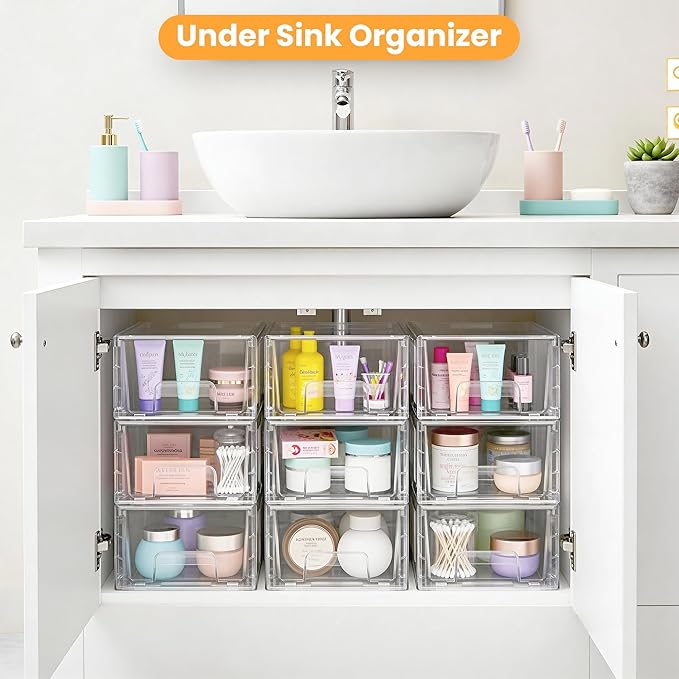 4 Pack Stackable Storage Drawers,Plastic Organizers Bins, Drawers Storage with Handles and Movable Dividers for Organization and Storage in Fridge,Bathroom, Pantry, Kitchen Cabinets, Under Sink