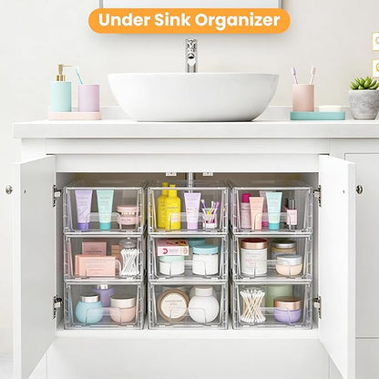 4 Pack Stackable Storage Drawers,Plastic Organizers Bins, Drawers Storage with Handles and Movable Dividers for Organization and Storage in Fridge,Bathroom, Pantry, Kitchen Cabinets, Under Sink