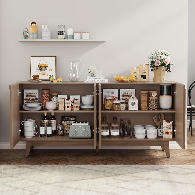 Buffet Cabinet with Storage, Distressed Storage Cabinet with 4 Carved Doors and Adjustable Shelf, Wooden Accent Sideboard Buffet Cabinets for Kitchen, Living Room, Entryway, Brown