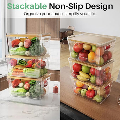 3 Set Pantry Organizer and Stackable Storage Kitchen,Sturdy and Durable Storage Basket for Potato, Onion, Garlic, Fruit, Vegetable, Produce, Clear Plastic Storage with Lid&Handle