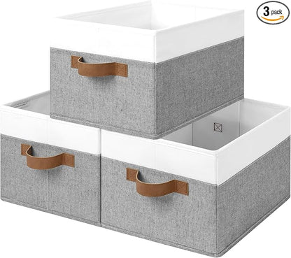 StorageWorks Storage Baskets for Shelves, Foldable Fabric Closet Storage Bins with Handles, Fabric Storage Bins Clothes Organizer, Gray and White, 3-Pack, Large