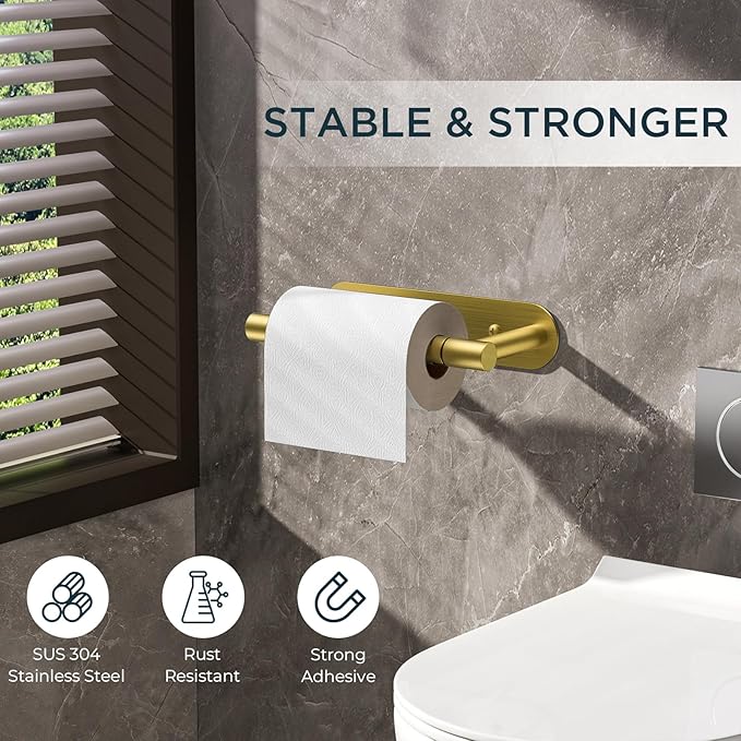 FORIOUS Toilet Paper Holder, Adhesive or Screw Wall Mount Pivoting Tissue Roll Holder for Bathroom, Stainless Steel Rustproof Self Adhesive Toilet Paper Roll Dispenser no Drilling, Brushed Gold