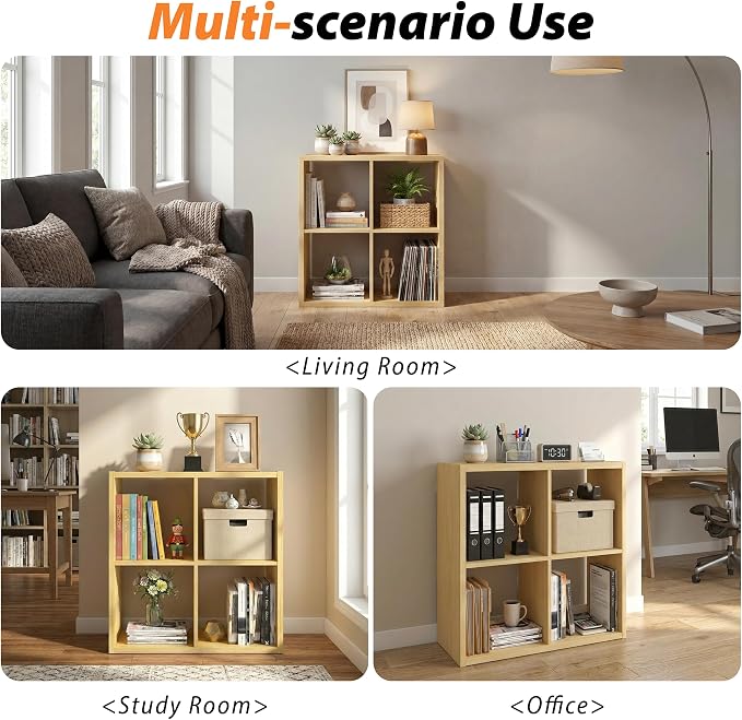 WannabeMyself【2026 Wooden Thick Frame】 4 Cube Storage Organizer with Anti-Tipping Kits, Reversible Open Back Book Shelf,Bookcase for Living Room,Bedroom,Entrance Hall,Office,11.6×24.6×24.7,Oak Color